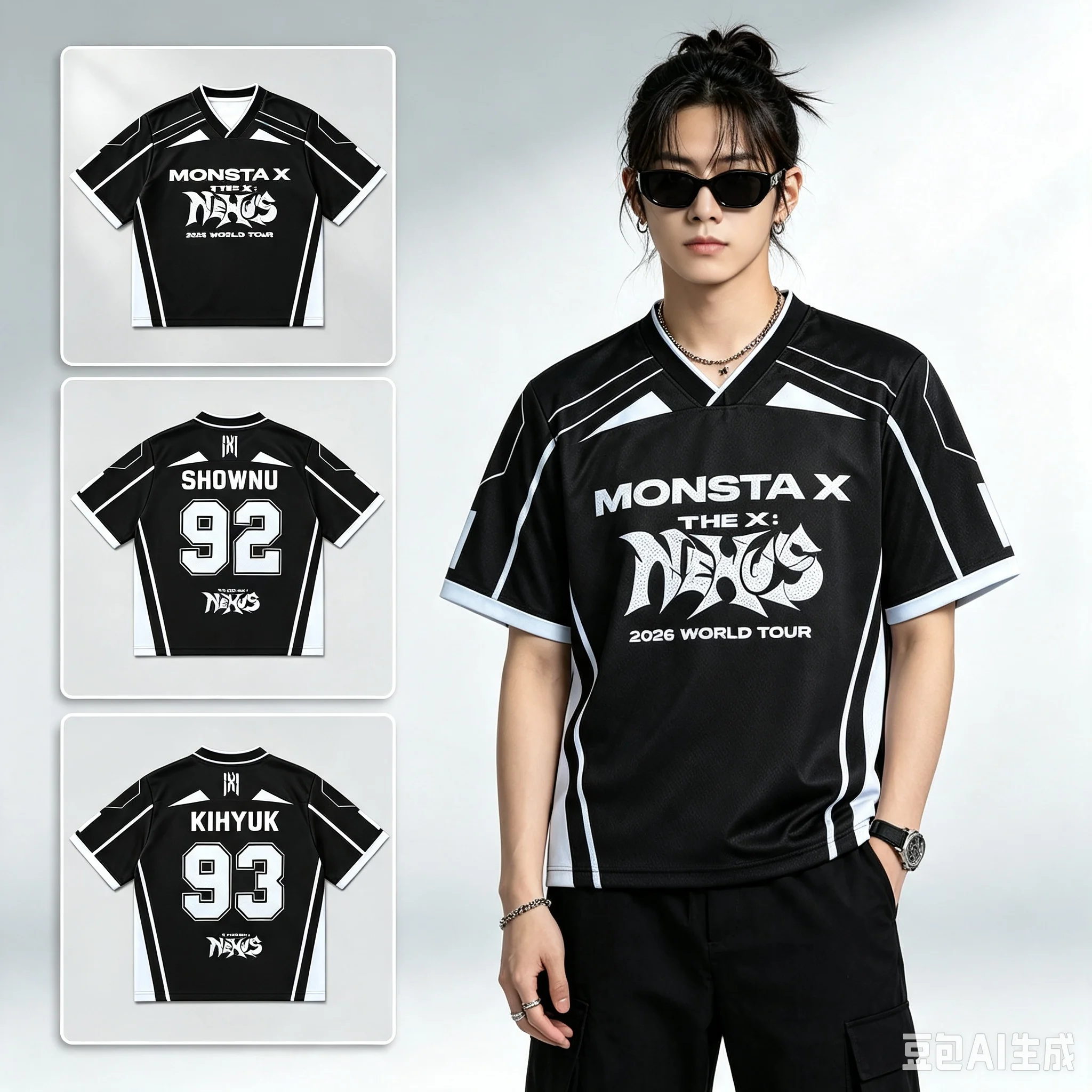 26 Y2k Summer Adult Women Galactic Monsta X World Tour The X Nexus Mixed Mesh Jersey Hyungwon Fans T-Shirt Women FamilyMatching