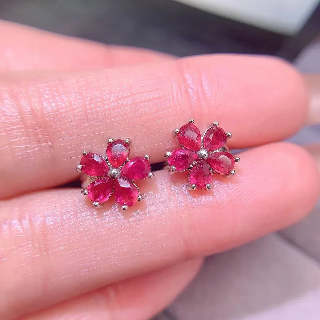 925 Silver Flower Stud Earrings for Daily Wear 3mm*4mm Total 1.2ct Heated Natural Ruby Earrings with 3 Layers 18K Gold Plated