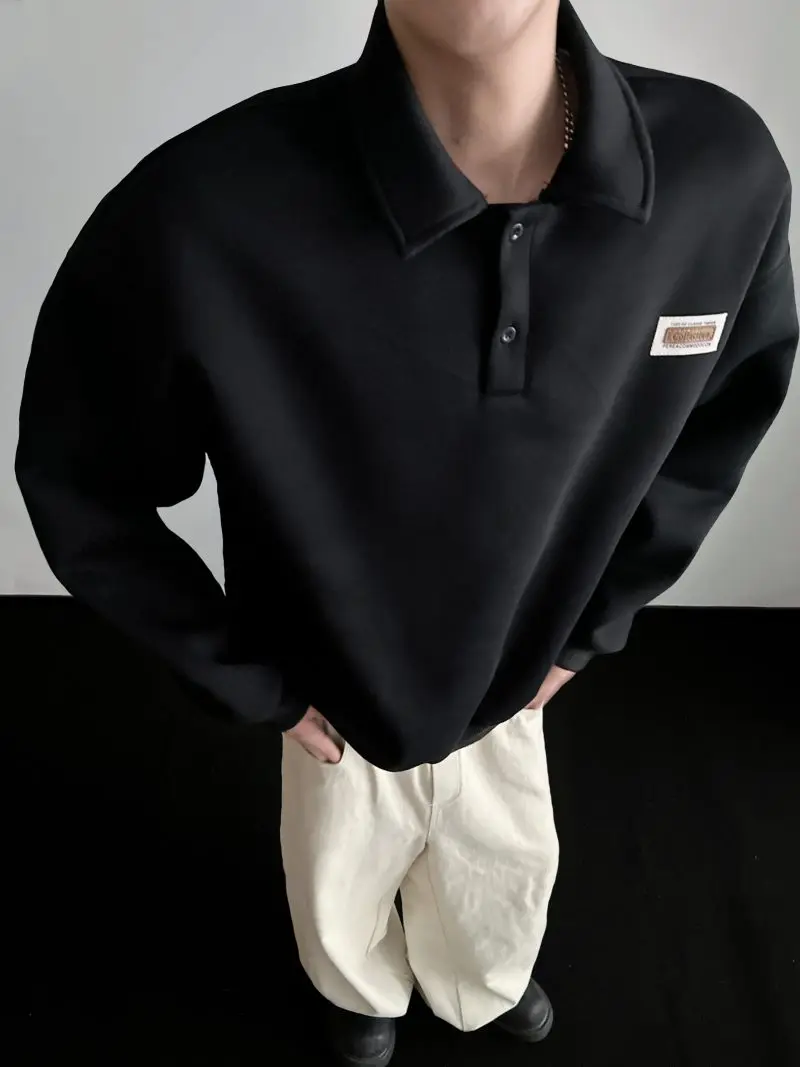 Autumn Men's Casual Solid Color Polo Neck Sweatshirt American Style Couple Loose Long Sleeve Turn down Collar Top Hoodies