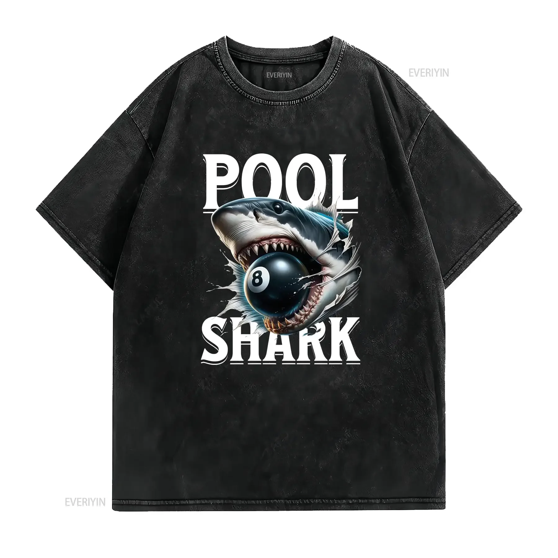 Pool gift shark player shirt billiards vintage Washed Versatile Unisex homme Stylish designer clothes Comfortable Casual
