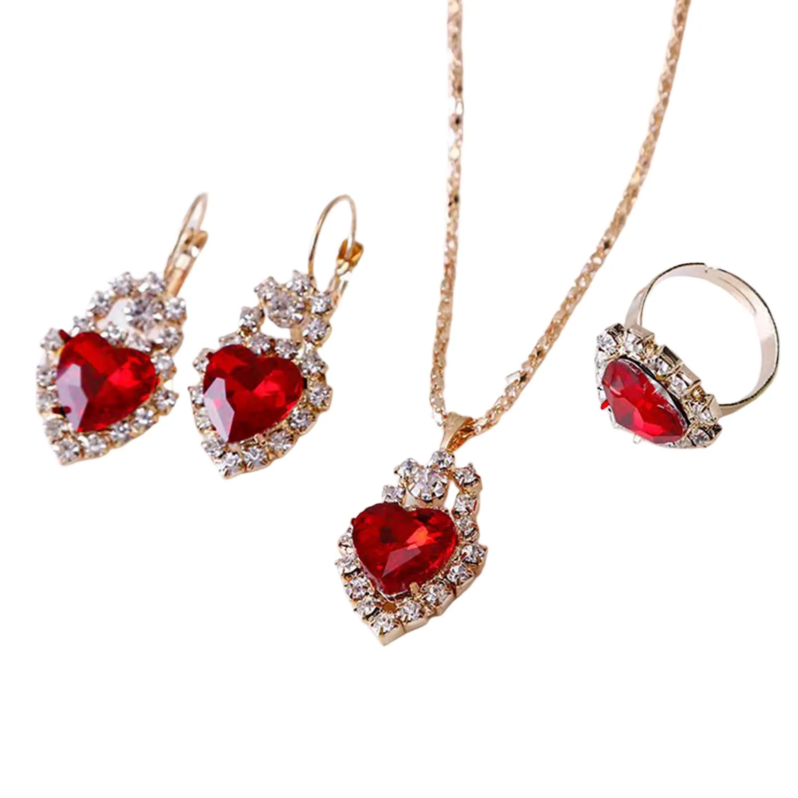 Rhinestone Heart Jewelry Sets Shiny Crystal Necklace Ears  Set of 3 for Sister or Best Friends