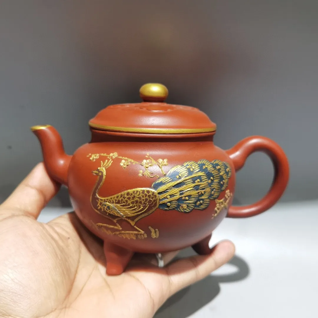 

7"Chinese Yixing Purple Clay Pot Outline in gold Phoenix pattern teapot purple clay pot kettle red mud Ornaments Gather fortune
