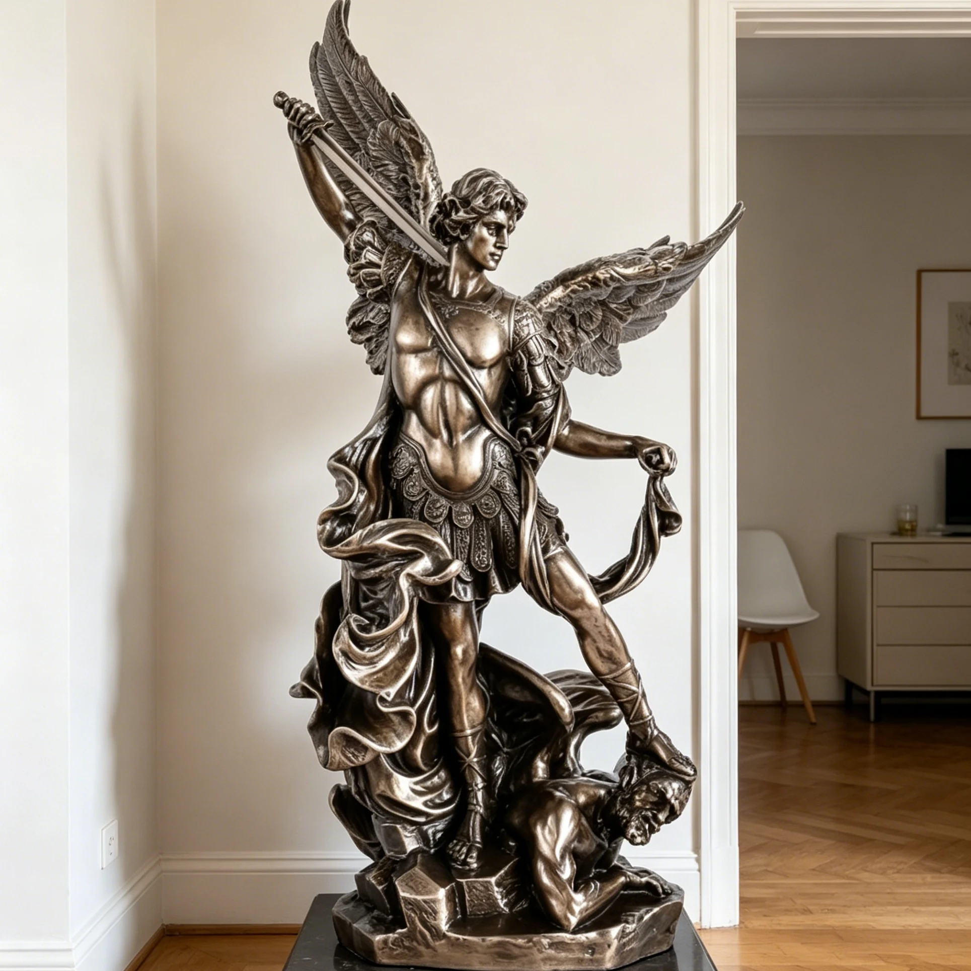 a*-St Michael the Archangel Statue Defeating Satan Large Resin Artistic Hand-painted Religious Sculpture for Garden Decor.