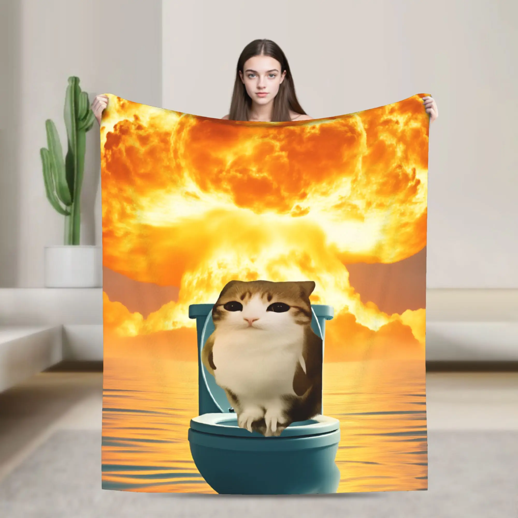 Explosion Toilet Meowl Cat Warm Soft Blanket  Novelty Plane Travel Throw Blanket Couch Bed Flannel Bedspread Sofa Bed Cover