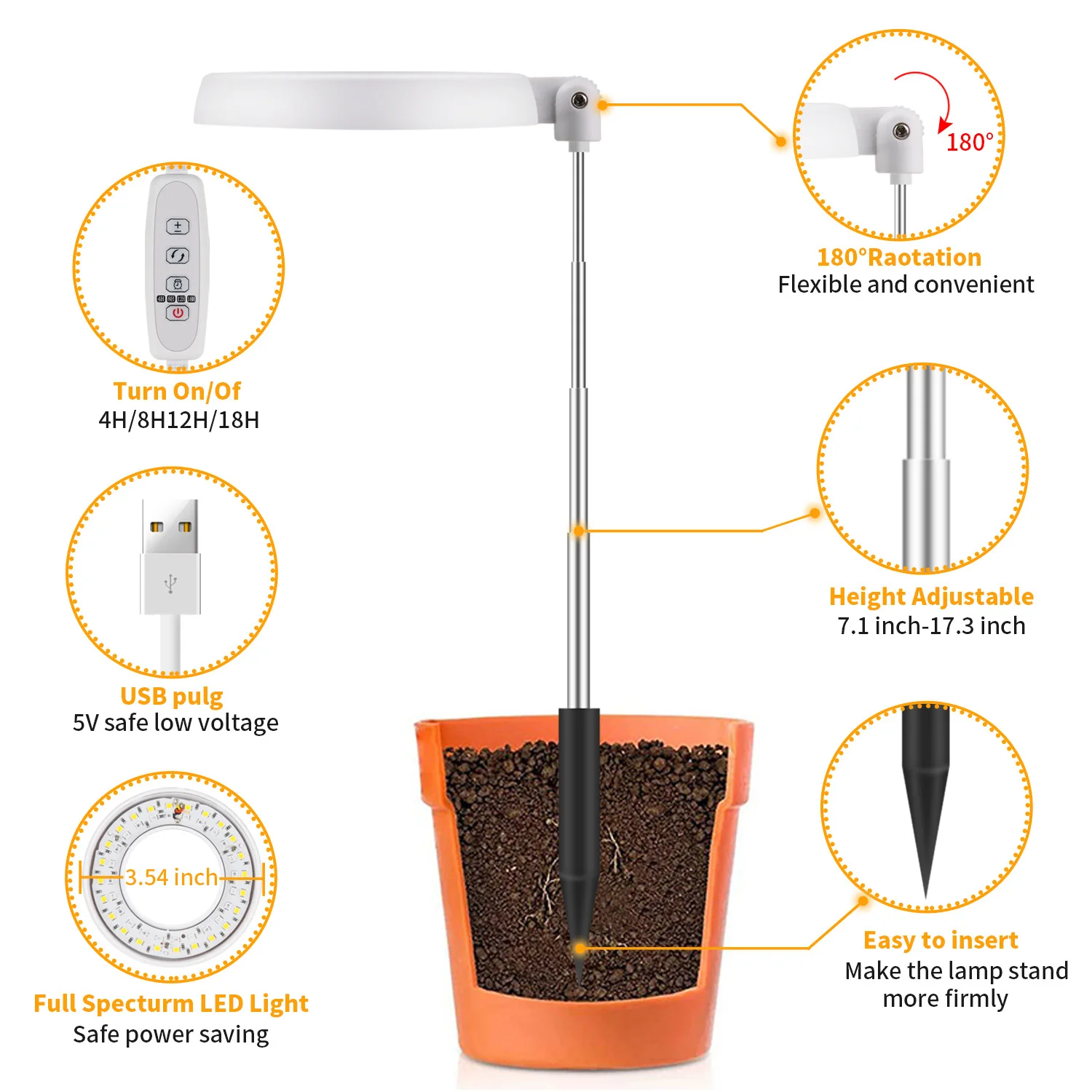 Adaptador USB Rodada Ajustável Piso Pin Lâmpada, LED Crescer Planta Luz, Full Spectrum Phyto Lâmpada, Clip Luz, Planta suculenta, Novo Design