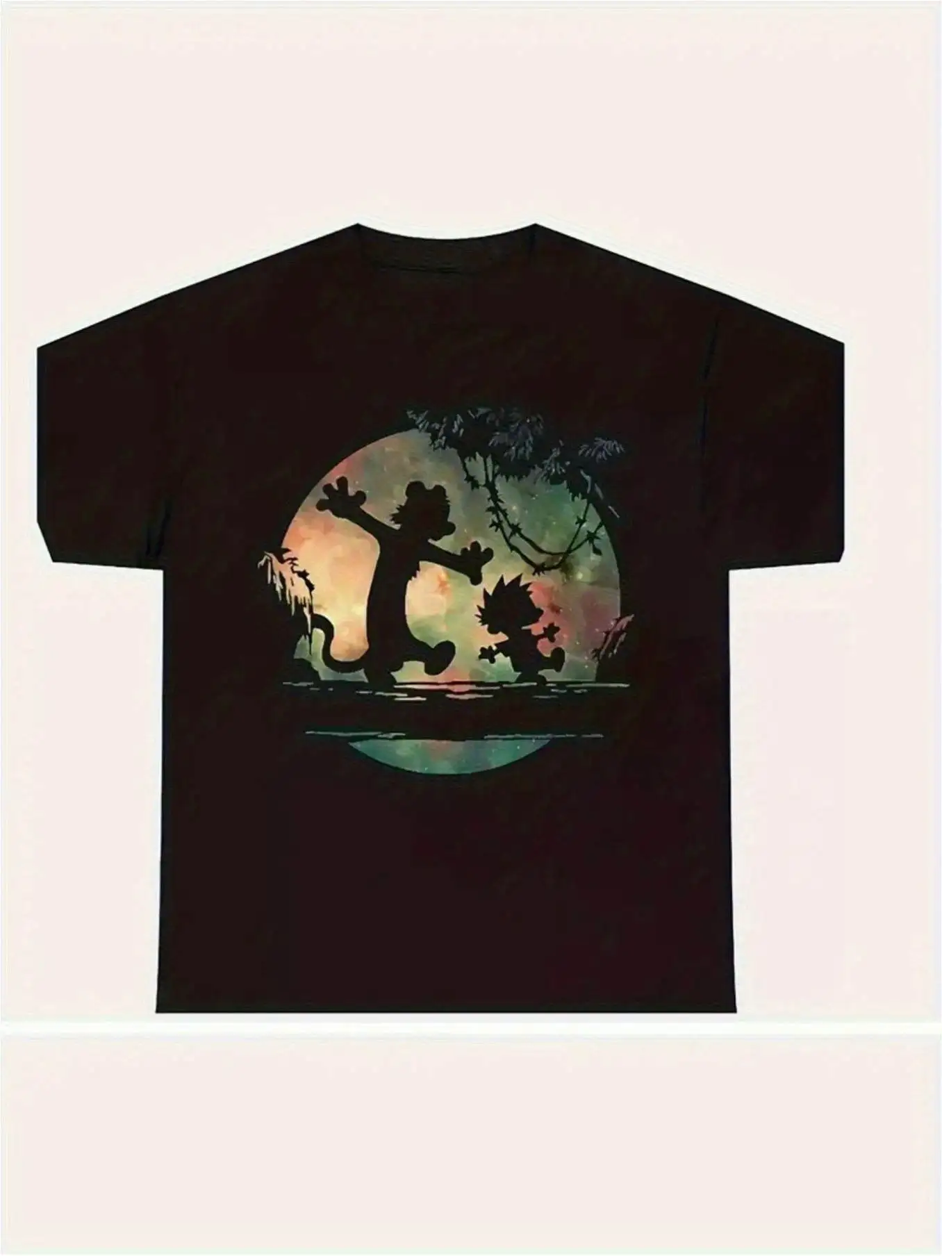 Men's Calvin and Hobbes cartoon Pattern T-Shirt-Nostalgic Calvin and Hobbes Moonlight Swing Scene Short-Sleeved Shirt Enjoy Special Discount Suitable