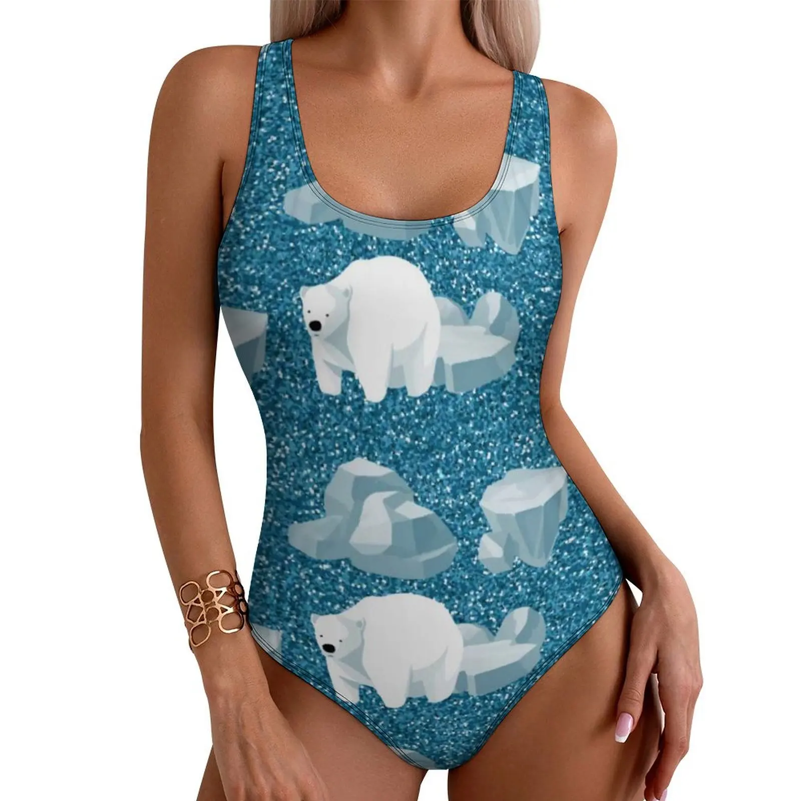 

Nordic Animal Blue Swimsuit White Polar Bear Push Up Swimwear One Piece Surfing Bathing Suit Bodysuit Sexy Beachwear Large Size