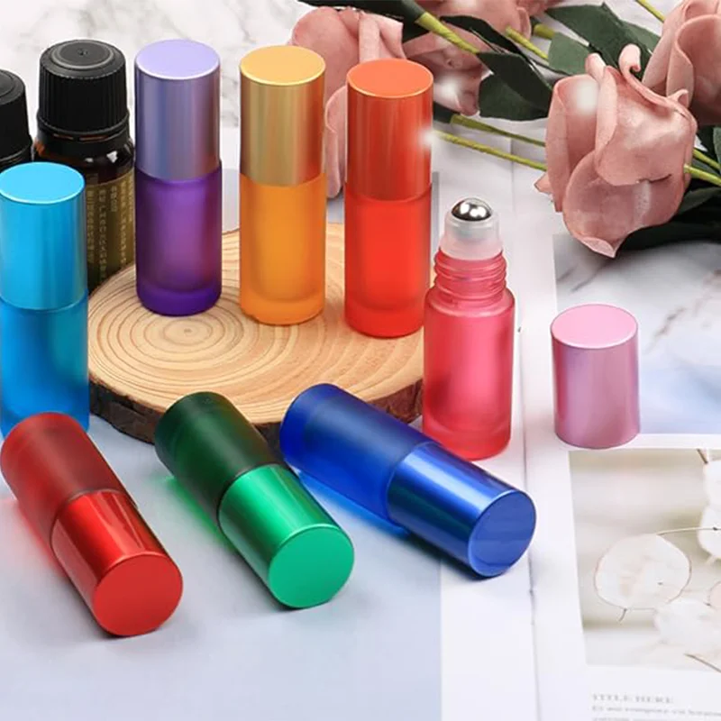 

50Pcs 5/10ml Portable Frosted Glass Essential Oil Perfume Roller Bottle Mini Refillable Roll on Vials W/ Opener For Aromatherapy