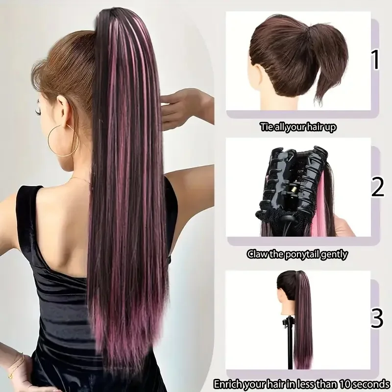 Extensión de cabello de 24 pulgadas sintética larga lacia con colores de mechas, clip de cangrejo, postizo para mujer en azul y rojo 6