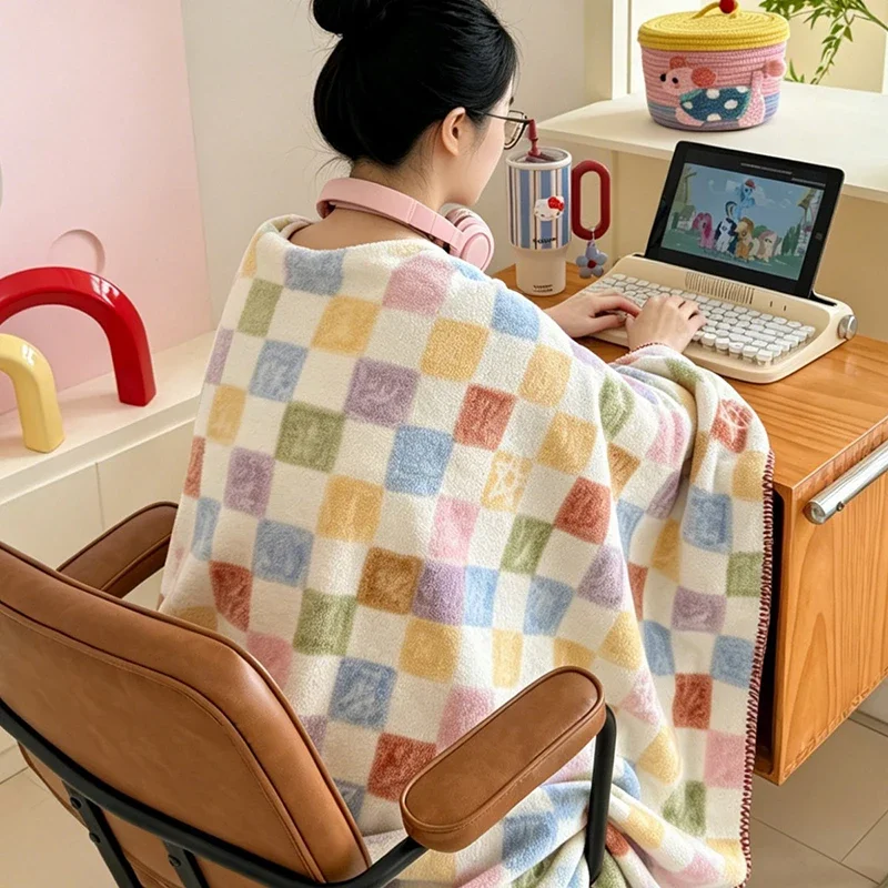 Ins Dopamine Style Printed Shawl Blankets Soft Faux Cashmere Office Sofa Blanket with Buttons Comfortable Plush Quilt for Single