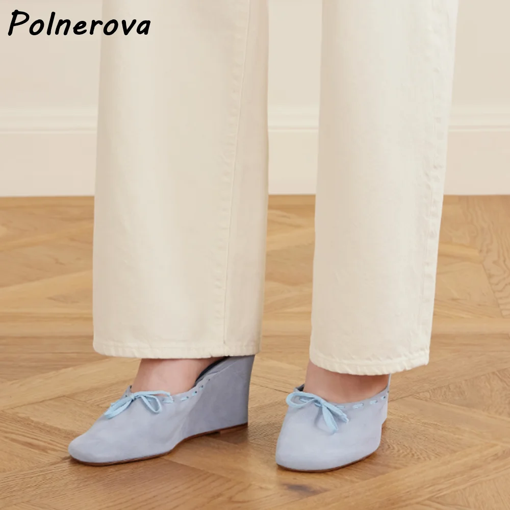Women Suede/leather Lace-Up Sandals Square Toe Wedge Heel Mules Slip-On Closed Toe Wedge Shoes Light Blue Brown Leisure Shoes
