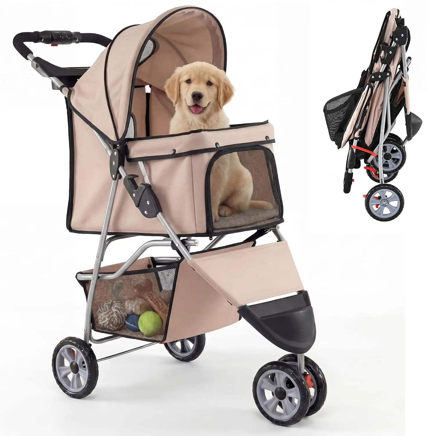 3 Wheel Foldable Dog Stroller for Small Dogs Cats, Lightweight Pet Stroller with Lockable Wheels, One-Hand Quick, Customized