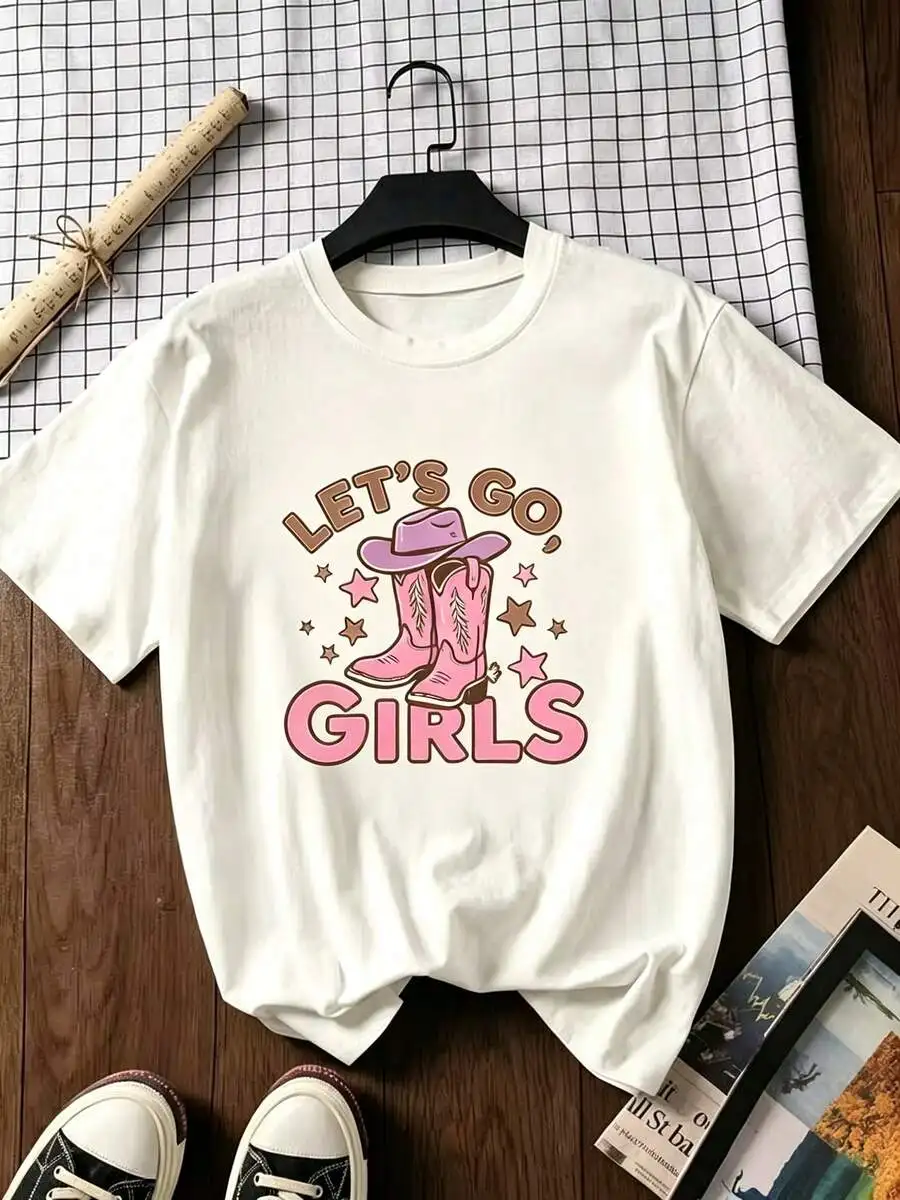Women Trendy Western Cowgirl Style Let's Go Girls Print Crewneck T Shirt Short Sleeve Spring Summer Everyday Wear Casual Top