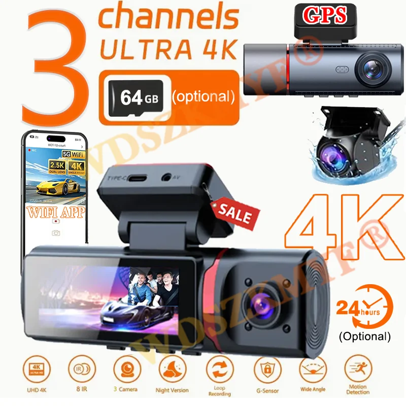 UHD 4K Dash Cam 3 Lens Driving Recorder Car DVR 1080P Rear Lens Camera Built-In WiFi GPS 24-Hour Parking Monitoring Black Box