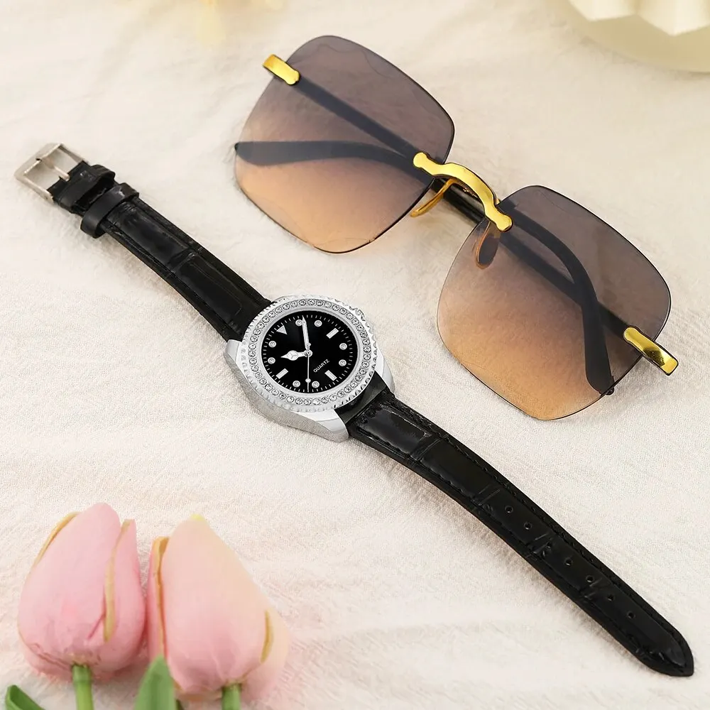 Women Fashion Casual Leather Belt Watches Glasses Ladies Rhinestone Dial Quartz Wristwatches Set Dress Clock Montre Femme