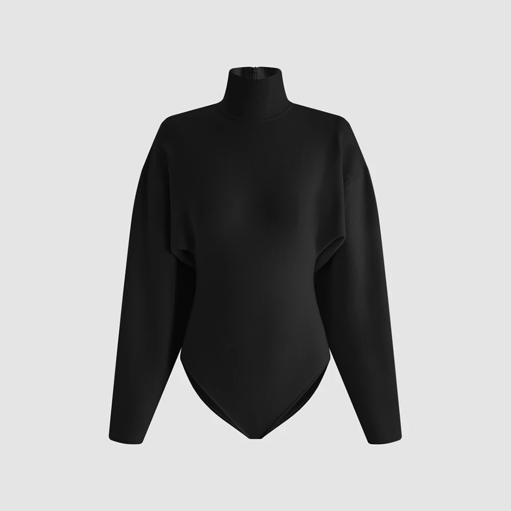 Women 100% Cotton Turtleneck Bodysuit Long Sleeve Loose Batwing Sleeve High Neck Slim Fit Basic Jumpsuit Ladies Casual Tee Tops