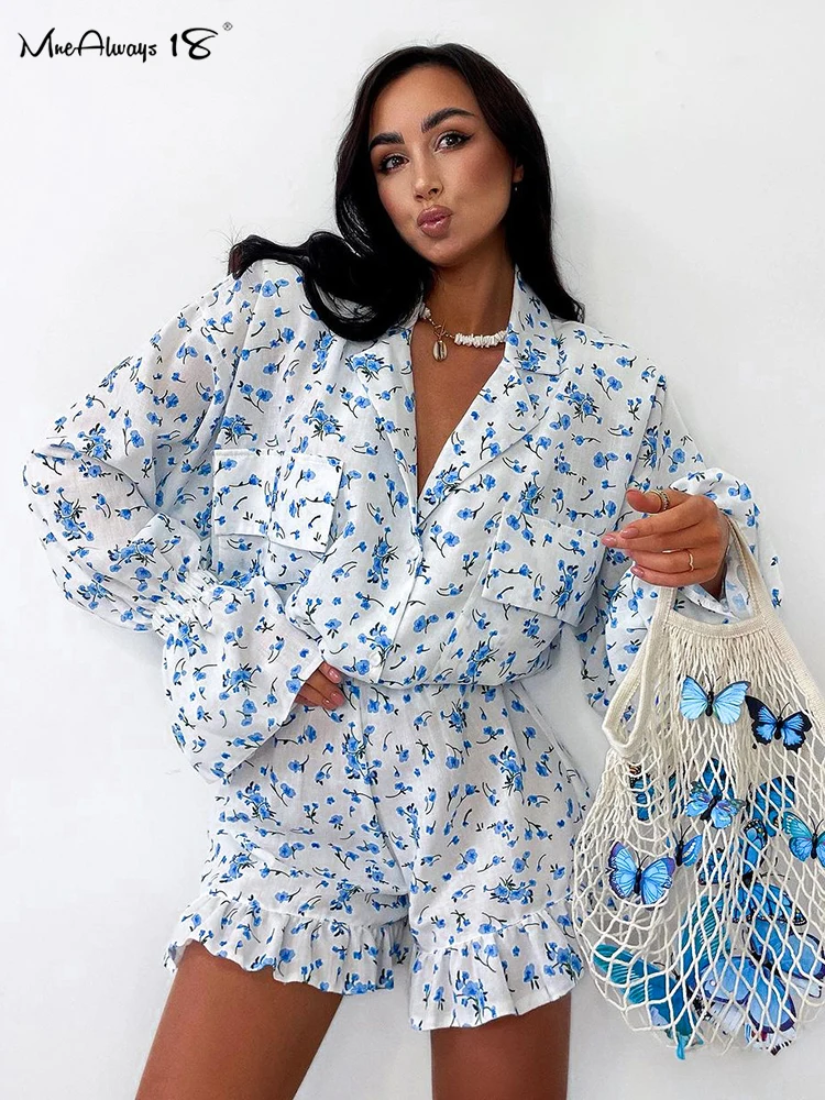 Mnealways18 Blue Printing Womens Shorts Sets Causal Puff Sleeves Shirts And Ruffled Shorts Two Pieces Suits Autumn Winter 2024