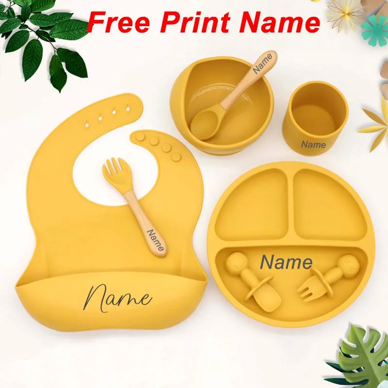 Set di stoviglie in Silicone con nome personalizzato gratuito Set per l'alimentazione del bambino piatto rotondo Set di piatti per bambini ciotola cucchiaio forchetta regali personalizzati