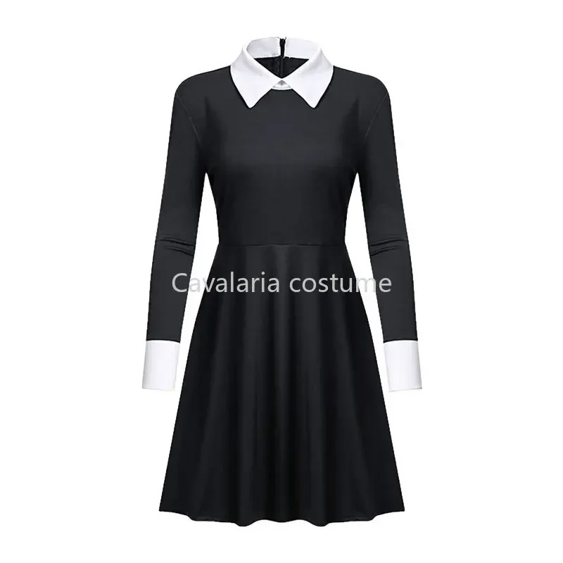 Disfraces de Cosplay de Wednesday Addams para mujeres, adultos y niños, vestido negro estampado, trajes góticos, ropa de fiesta de Halloween