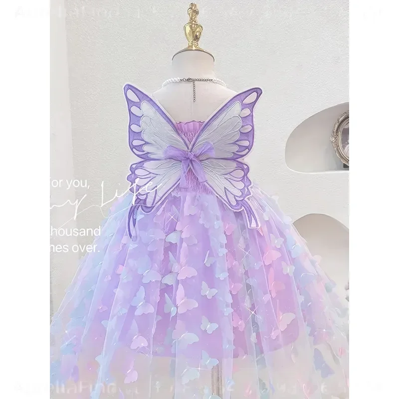 Girls Summer Camisole Dress with Large Decorative Butterflies Fashionable Princess Tulle Puff Gown for Kids Performance Party