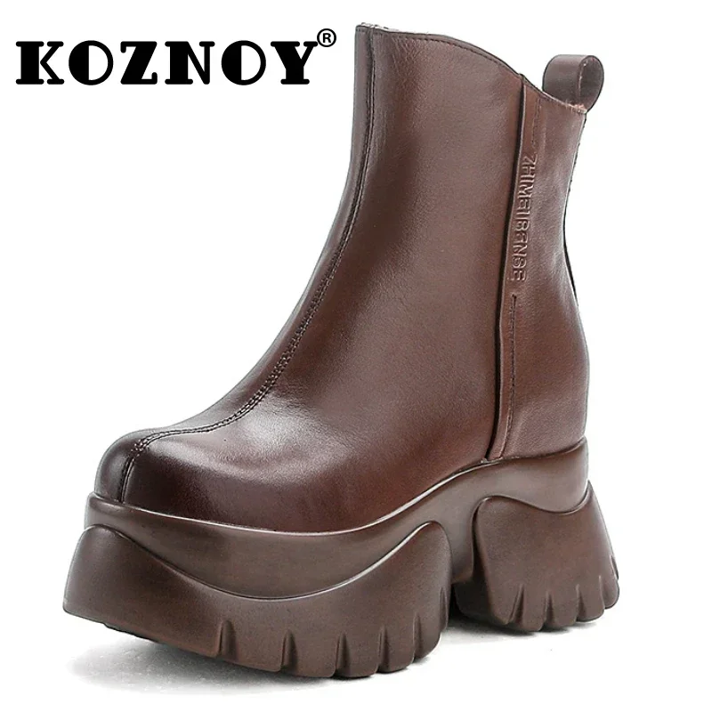 Koznoy 9cm Ankle Boots Genuine Leather Fashion Platform Wedge Autumn Round Toe Chunky Heels Spring Winter Plush Women Shoes