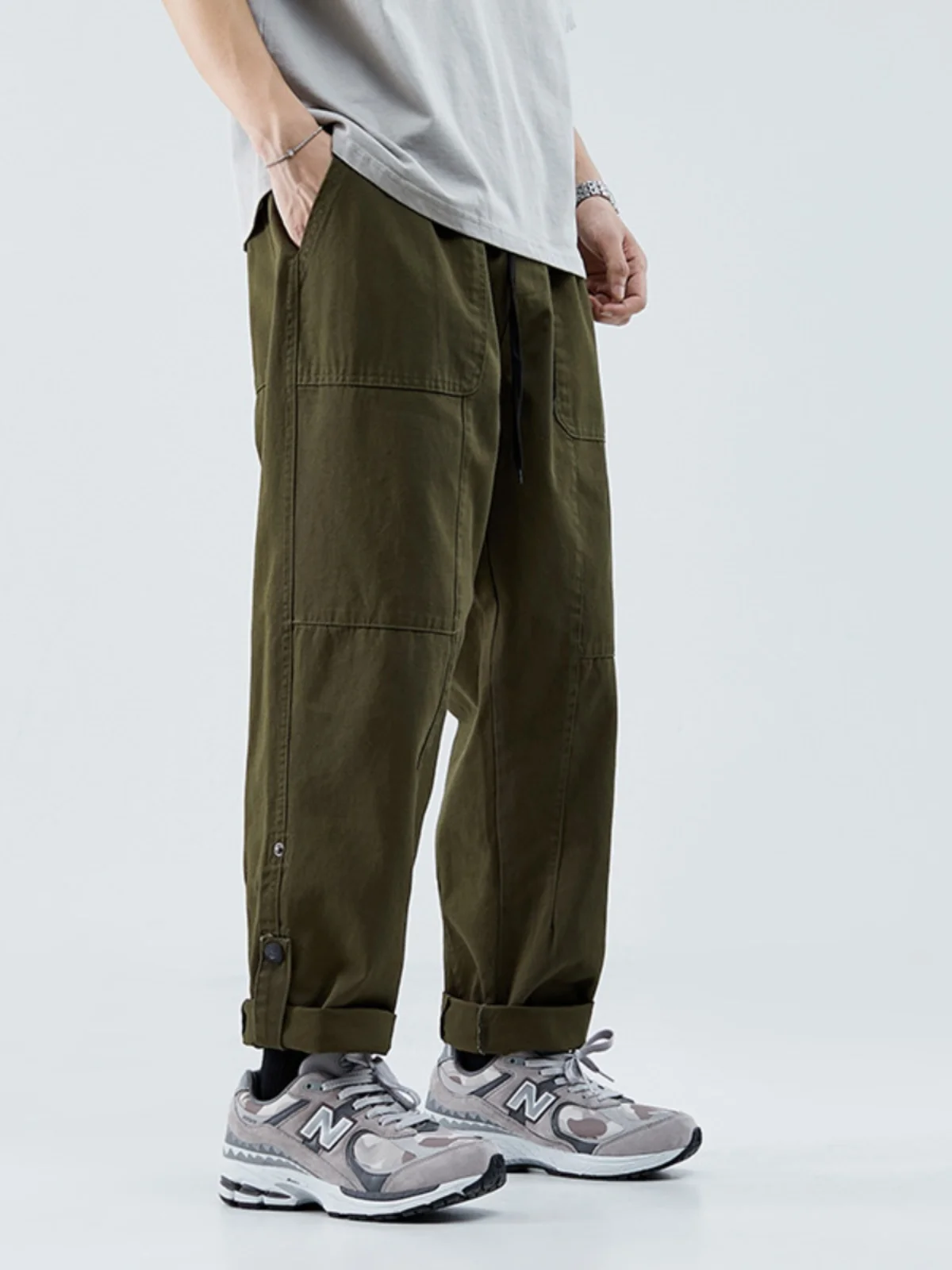 

Retro Japanese BF Straight Leg Work Pants Men's Loose Wide Leg Cuffed Design Casual Long Trousers Faionable Loose Fit