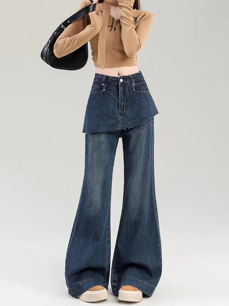 Retro Gefälschte Zwei frauen Hosen Hohe Taille Leicht Ausgestellte Frauen Jeans Herbst Waschen Lose Beiläufige Breite Bein frauen Denim hosen