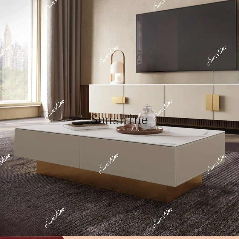 Saddle leather coffee table modern simple small apartment living room storage high-end rock panel TV cabinet  FT