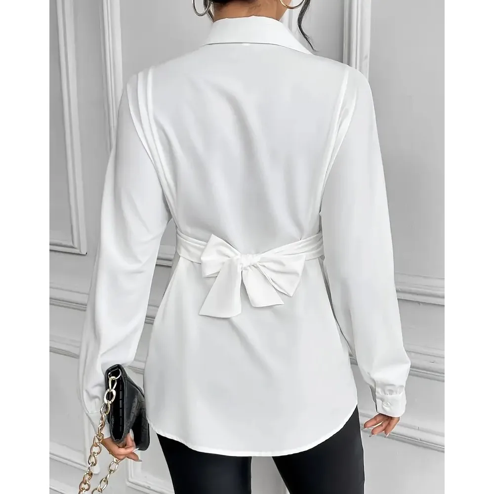 White Single Breasted Long Sleeved Irregular Shirt For Women 2024 Autumn Office Lady Lapel Tie Bow Blouses Femme Blusas Camisas