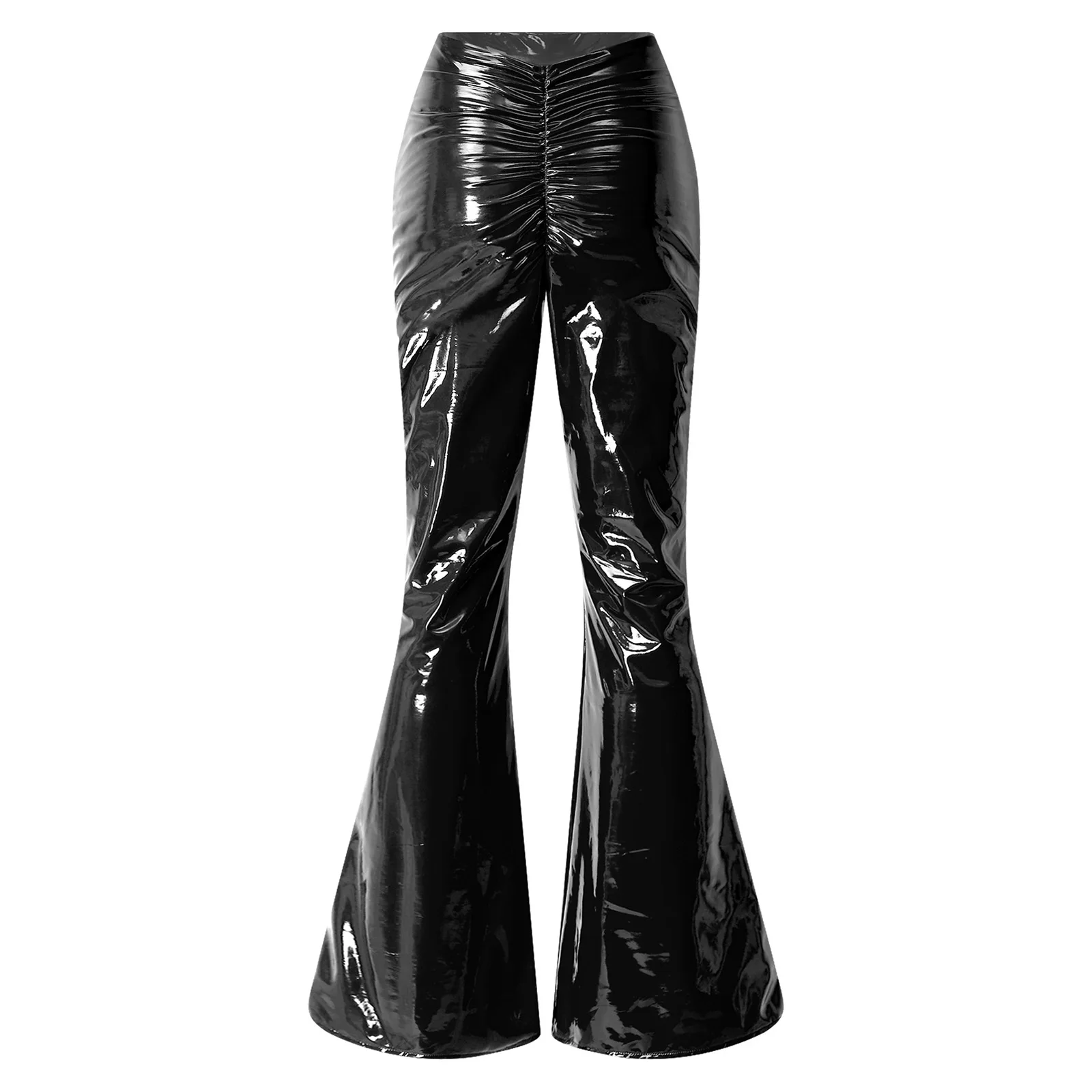 Womens High Waist Ruched Front Shiny PU Leather Flare Pants Trousers Glossy V-shaped Bell Bottom Long Pants Wet Look Clubwear