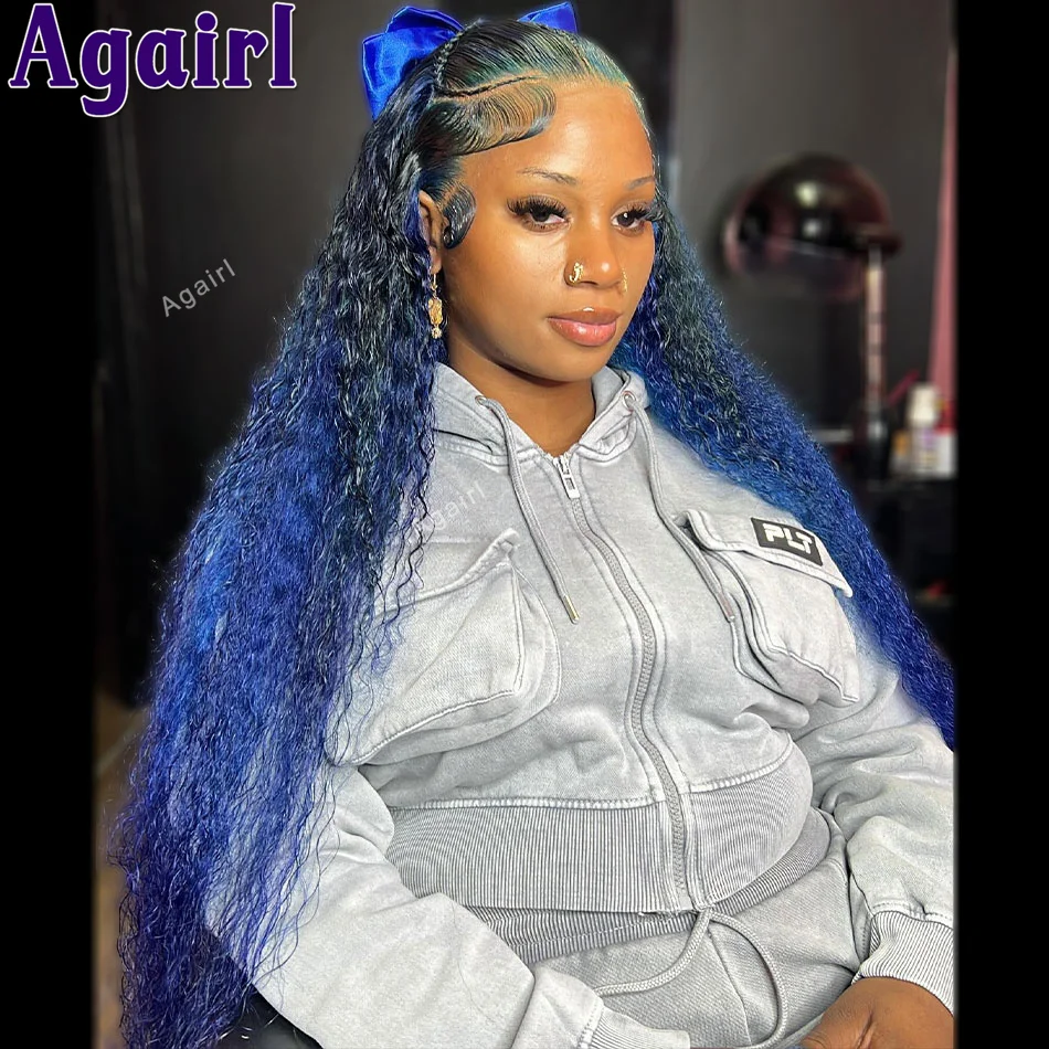 Highlight Ombre Blue 200% Water Wave Human Hair Wigs 13x4 Ready Go Lace Front Wig 13X6 Kinky Curly Lace Frontal Wigs for Women