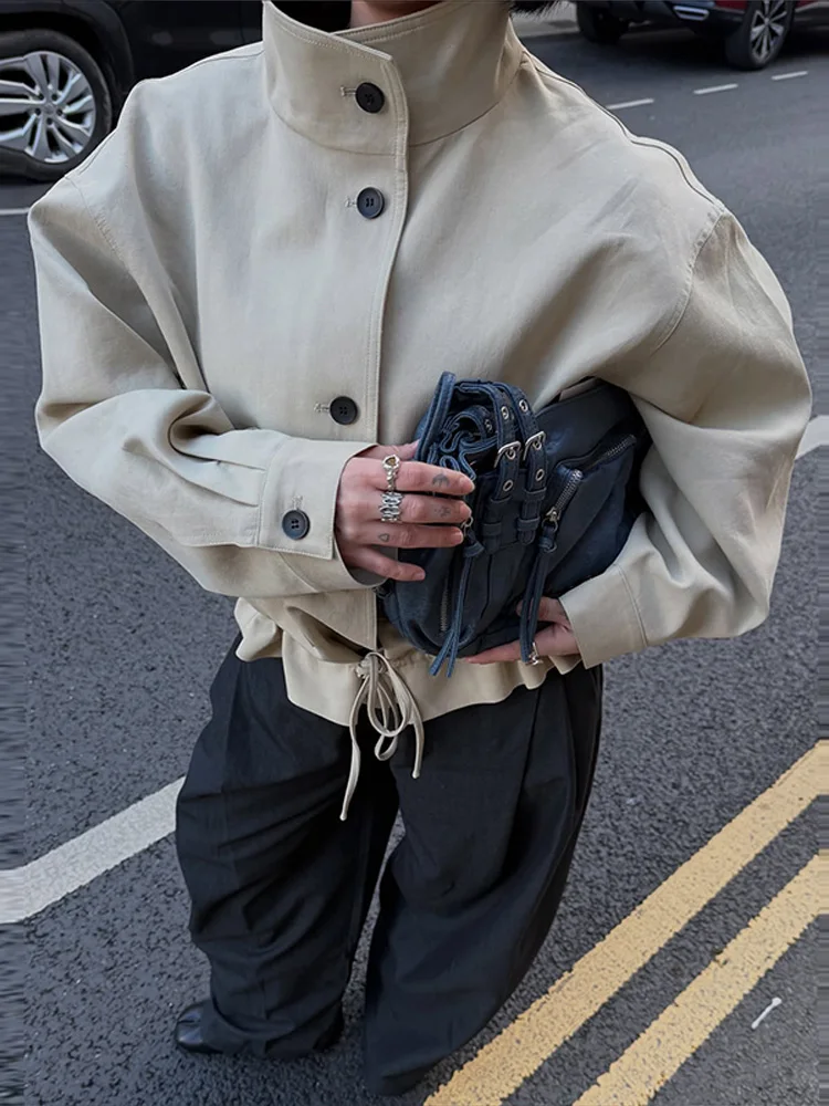 Stehkragen-Knopfjacke mit Kordelzug für Damen, Street-Style mit Epauletten, Langarm, Einreihig, Locker Geschnittene Jacke, Schicke Damenoberbekleidung, Neue Outerwear – Detail 19