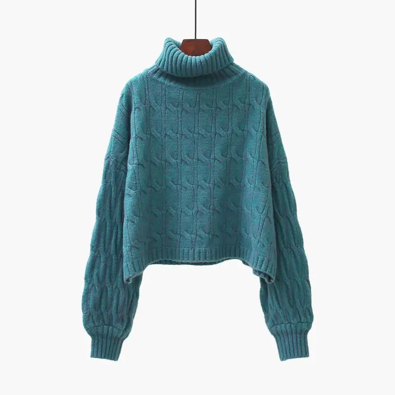 EVNISI Winter Women Loose Wool High Collar Sweater Lantern Sleeve Stripe Warm Sweaters For Women Knitted Pullover Jumpers