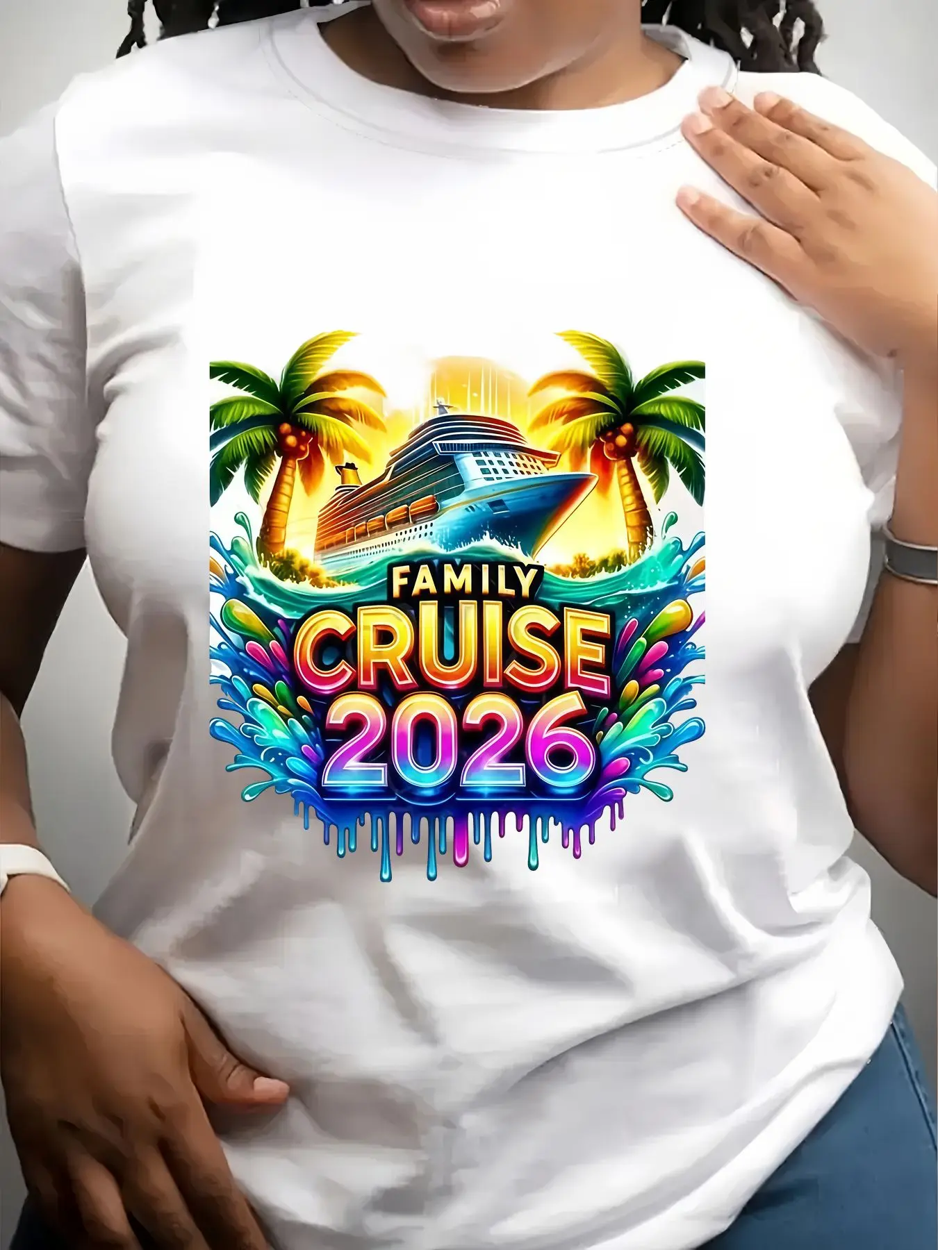 Women's Trendy Crew Neck T-Shirt Family Cruise 2026 Tropical Ship Design Suitable for Casual Sportswear