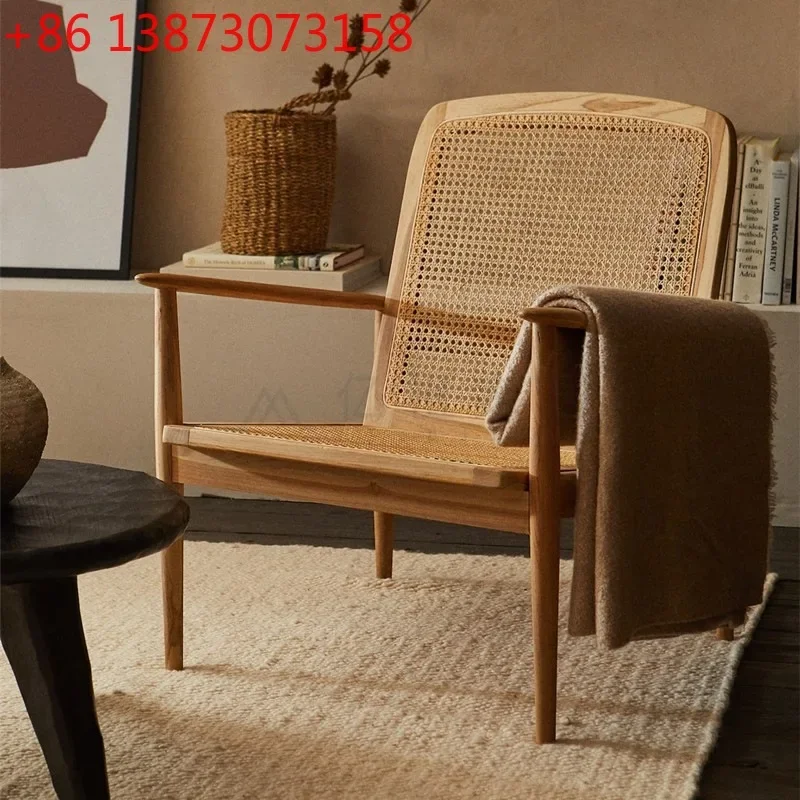 New Chinese minimalist small apartment living room solid wood braided rattan sofa chair B & B tea room rattan chair Nordic moder