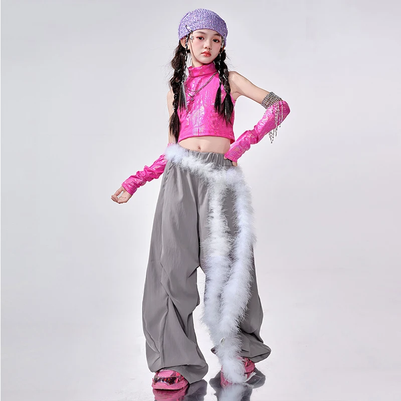 2025 Nouveau Kpop Jazz Dance Outfit Filles Défilé De Mode Costume De Scène Rose Débardeur Gris Ligne Pantalon De Danse Cool Street Dancewear 2181