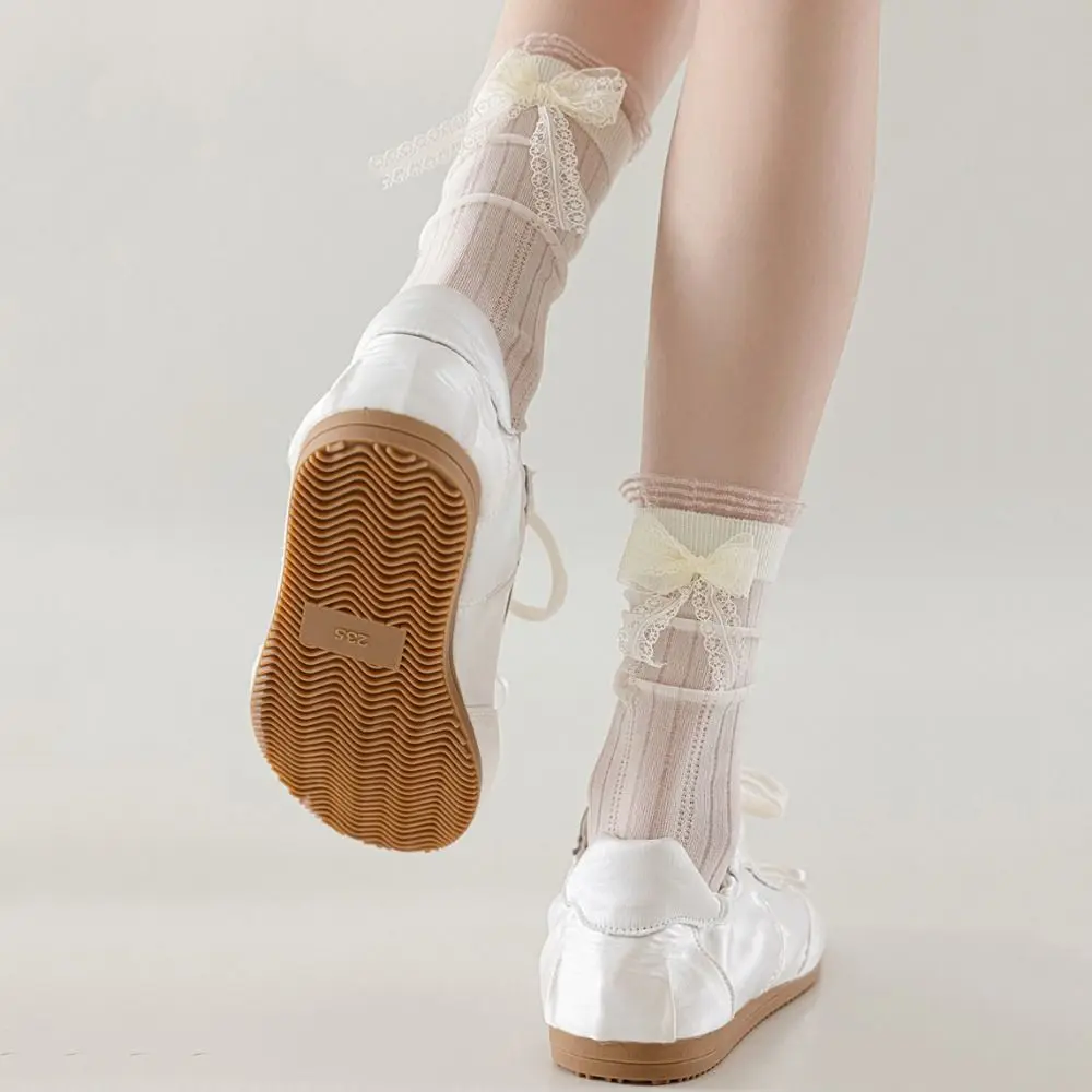 

3Pairs Soft Ruffle Mesh Bowknot Socks Ballet Style Lolita Mid Tube Socks Breathable Female Hosiery Sweet Socks Women Lady