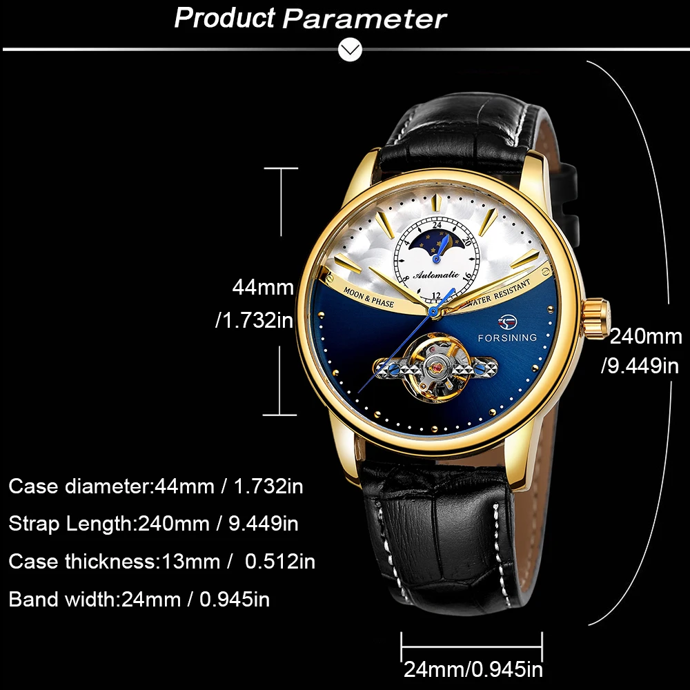 ساعة FORSINING Fashion Moon Phase Design الفاخرة للرجال أوتوماتيكية هيكل عظمي ميكانيكية توربيون بحزام جلدي ساعة يد للأعمال