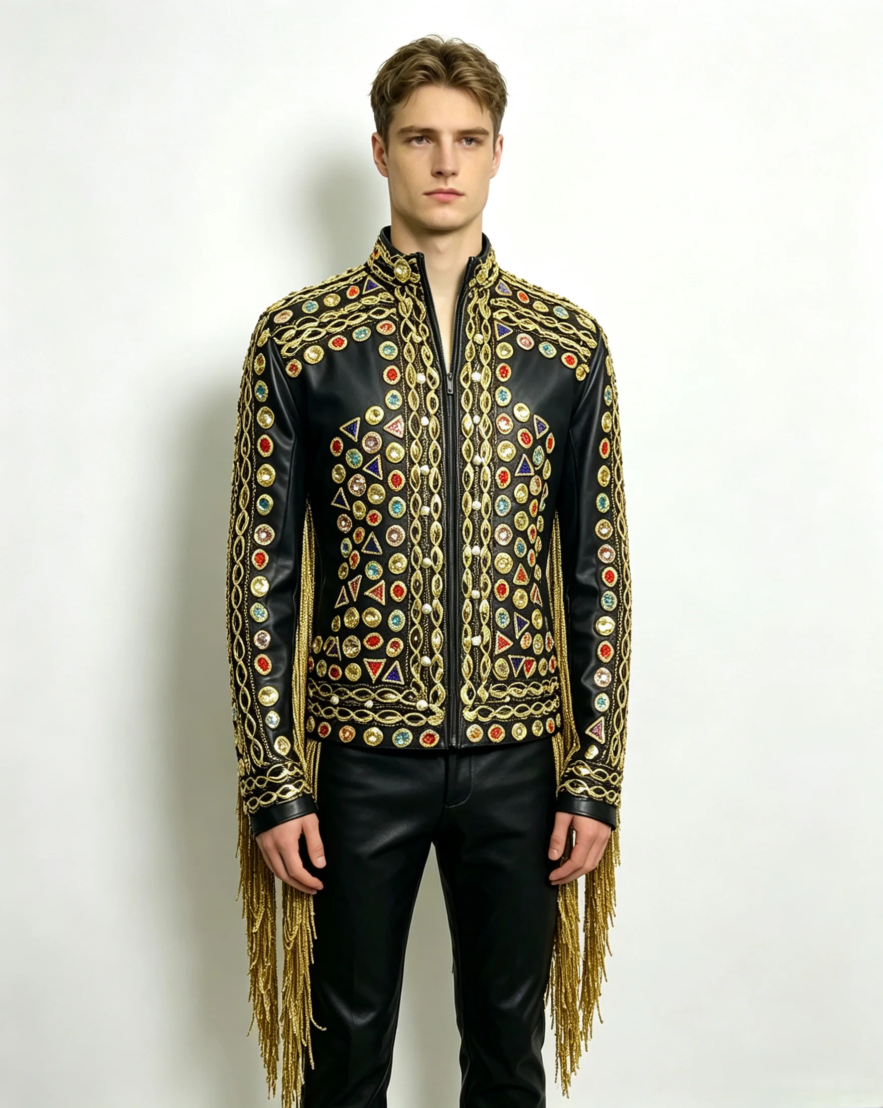 Customized Handmade Golden Embroidery Colorful Rhinestone PU Leather Jacket Stand Collar Tassel Performance Coat Stage Costume