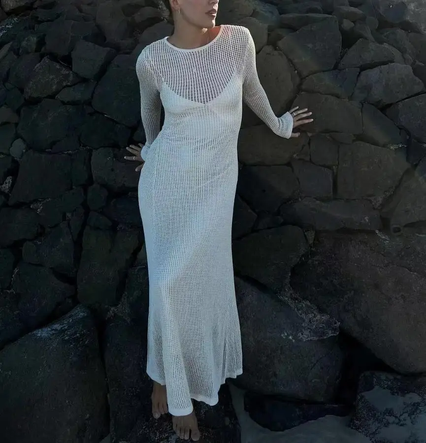 2023 New Summer Beach Cover-Ups Women Long Sleeve Dress Knitted Cutout See-through Long Party Dress for Beach Club Streetwear