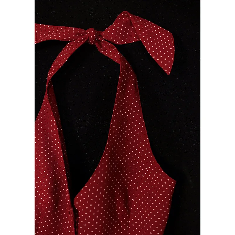 2026 New Spring and Summer Special Temperament Wear French Holiday Style Pure Waist Pinch Red Polka Dot Neck Sling Top Women