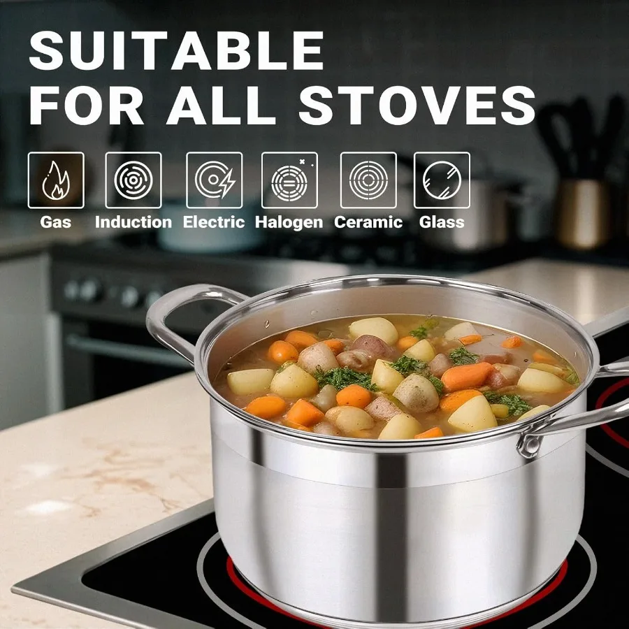 8 Quart Heavy Duty Stainless Steel Stock Pot with Visible Lid for Pasta Soup Spaghetti Nonstick Thick Bottom Cooking Vessel Ide