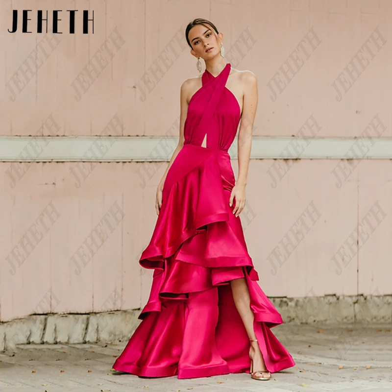 JEHETH Hot Pink Halter Prom Vestidos Mulheres Pleat Satin Backless Vestidos de Noite Sereia Festa Alta/Baixa Vestidos De Festa Sleeveless Hot Pink Halter Prom Vestidos Mulheres Pleat Satin Backless Vestidos de Noite Se