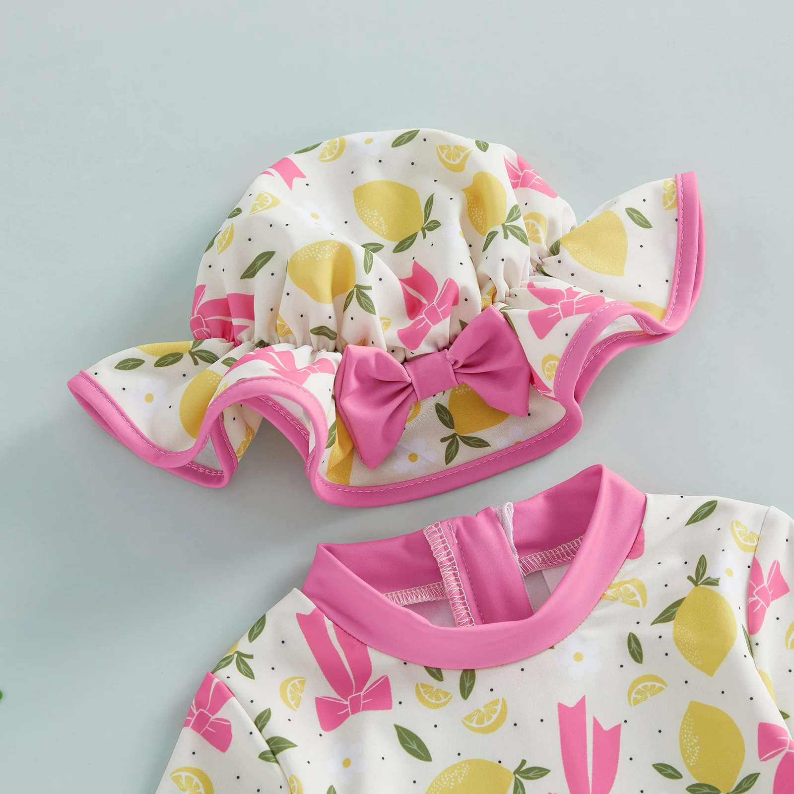 Zomer Baby Baby Meisje Badpak Set Citroen Strik Bloem Rash Guard Lange Mouw Rits Terug Badpak Cap Kleding Set