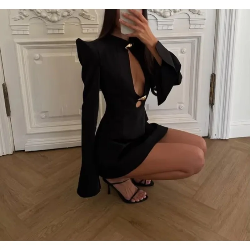 Women Solid Hollow Out Regular Long Flare Sleeve Slim Fit Above Knee Dress Casual