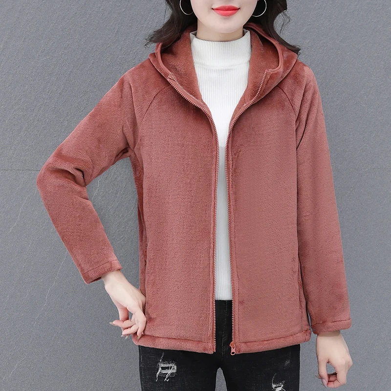 New Women'S Autumn Winter Polar Fleece Warm Coat Suitable Middle-Aged And Elderly Mothers Casual Versatile Thick Hooded Jacket