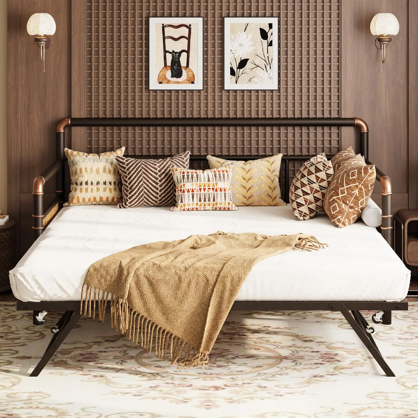 Daybed with Trundle, Twin Daybed with Pop Up Trundle Set,Brown
