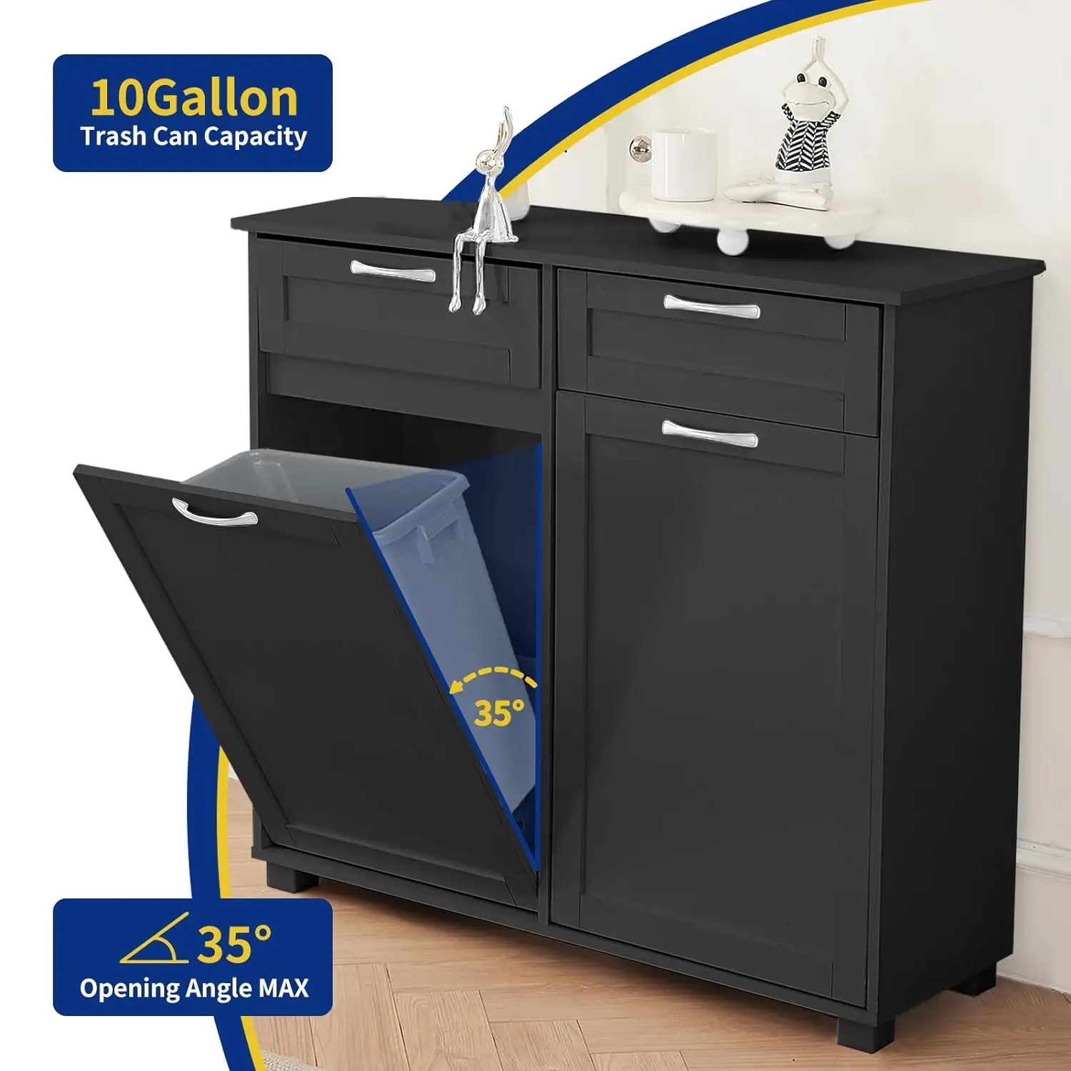 Double Tilt Out Trash Can Cabinet Dual Kitchen Trash Cabinet with Countertop and Drawer Free-Standing Pet Proof