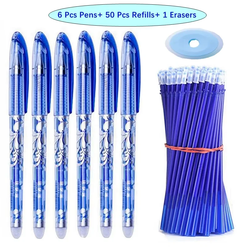 57-55Pcs/Set Erasable Gel Pen Black Blue Refill Rod 0.5mm Ballpoint Pen Washable Handle School Office Writing Supplie Stationery