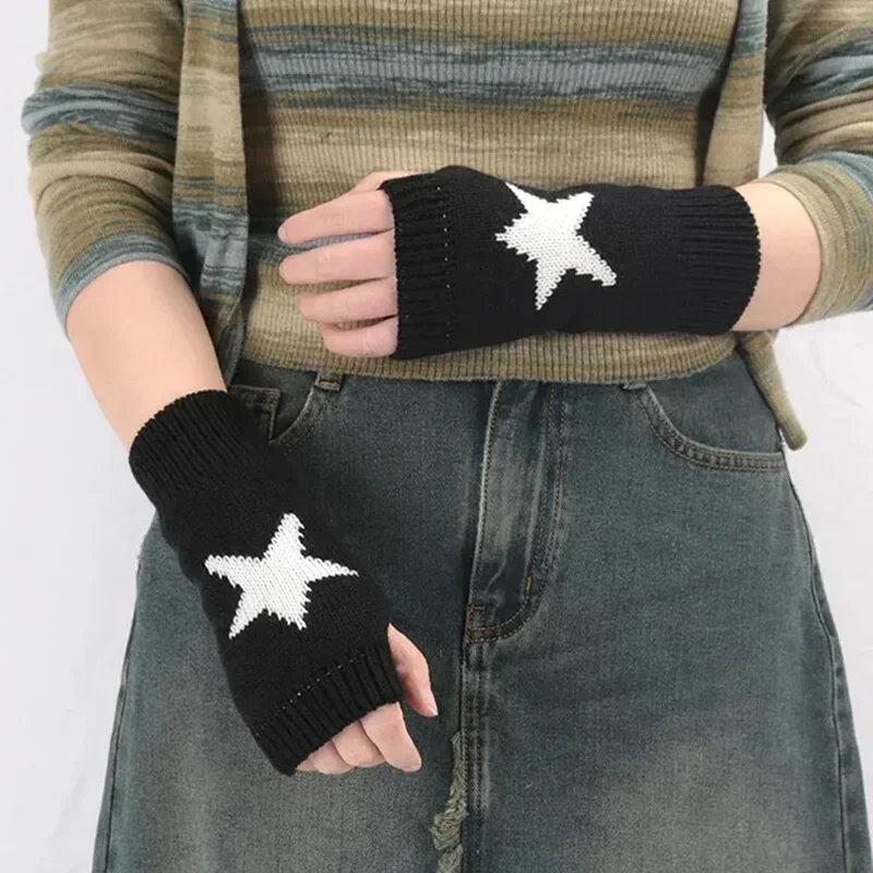 Black Gothic Women Knitted Warm Half Gloves Autumn Winter Fingerless Gloves Girls White Accessories Mittens Winter Gloves